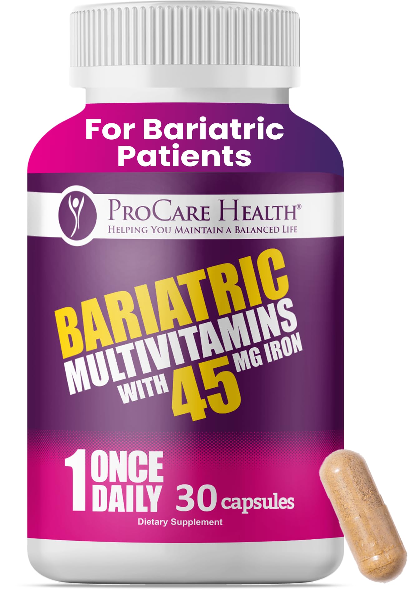 ProCare Health Bariatric Multivitamin bottle pour shows easy daily nutrition support.