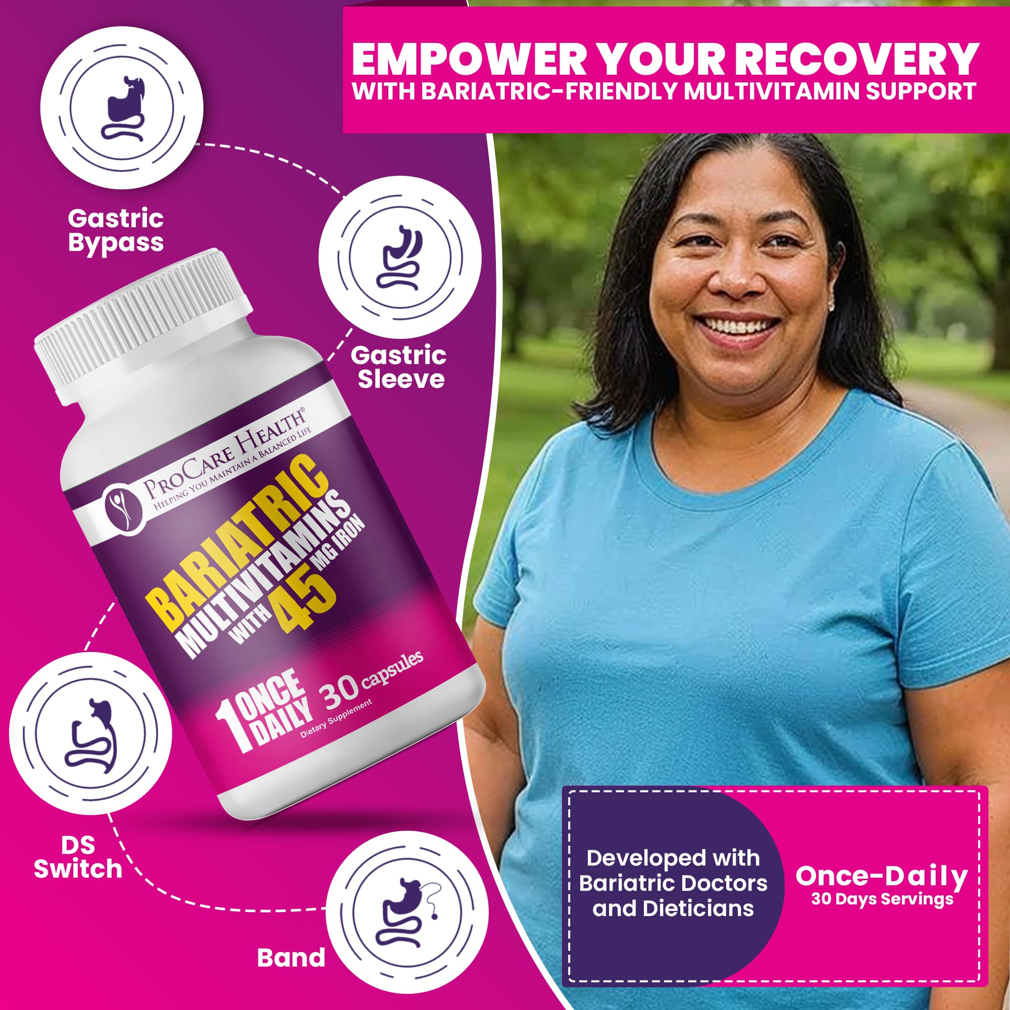 ProCare Health Bariatric Multivitamin capsule closeup highlights small, easy-to-swallow tablet.