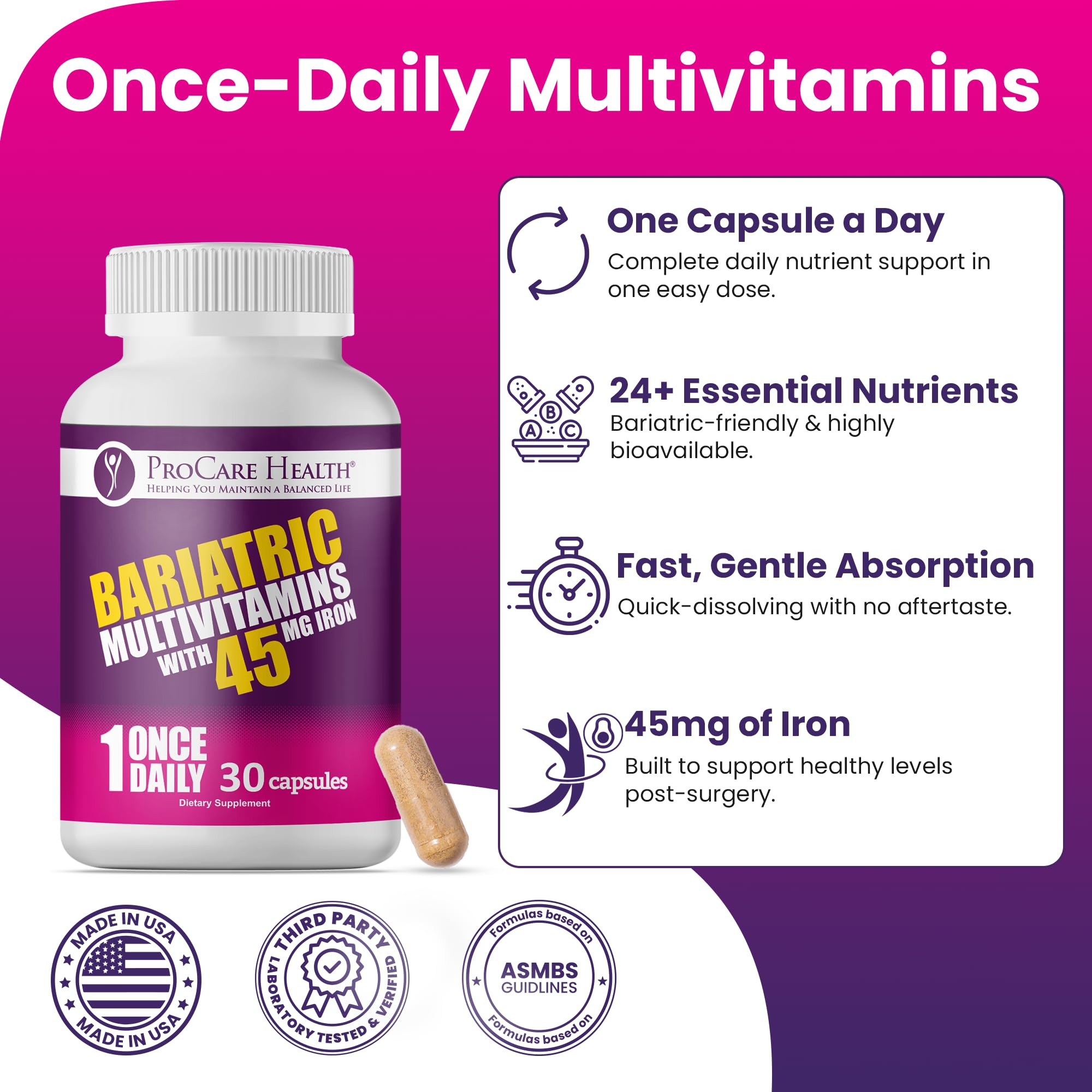ProCare Health Bariatric Multivitamin facility quality seal signals GMP testing credibility.