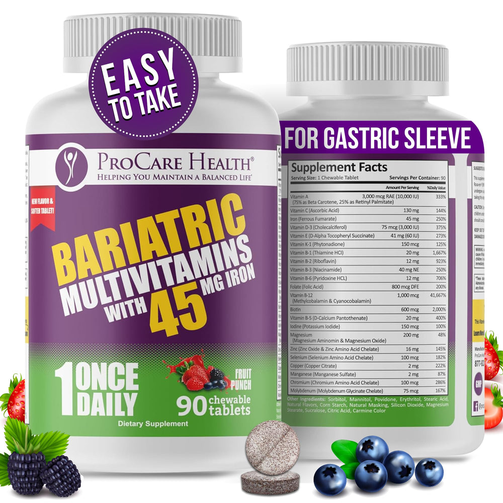 ProCare Health bariatric multivitamin fruit punch bottle front, easy-to-chew post-surgery nutrition.