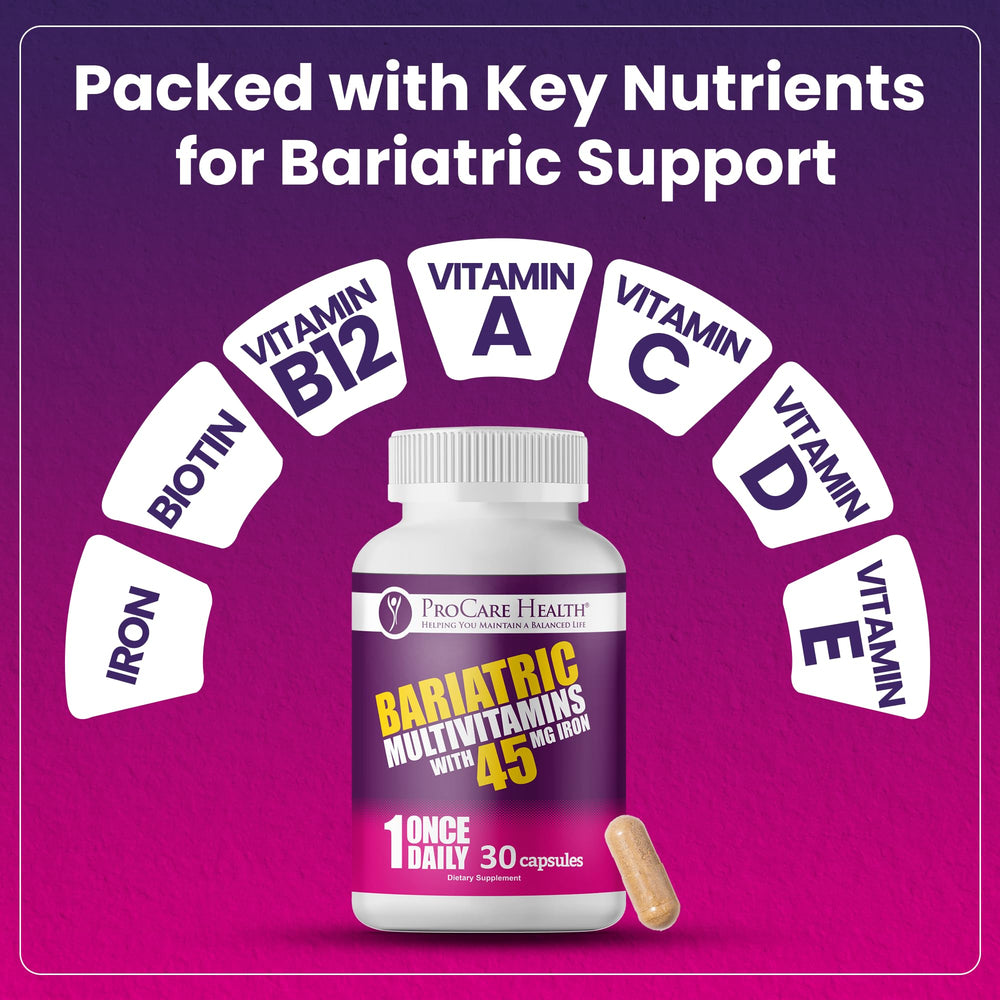 ProCare Health Bariatric Multivitamin glass bottle on counter showcases convenient daily use.