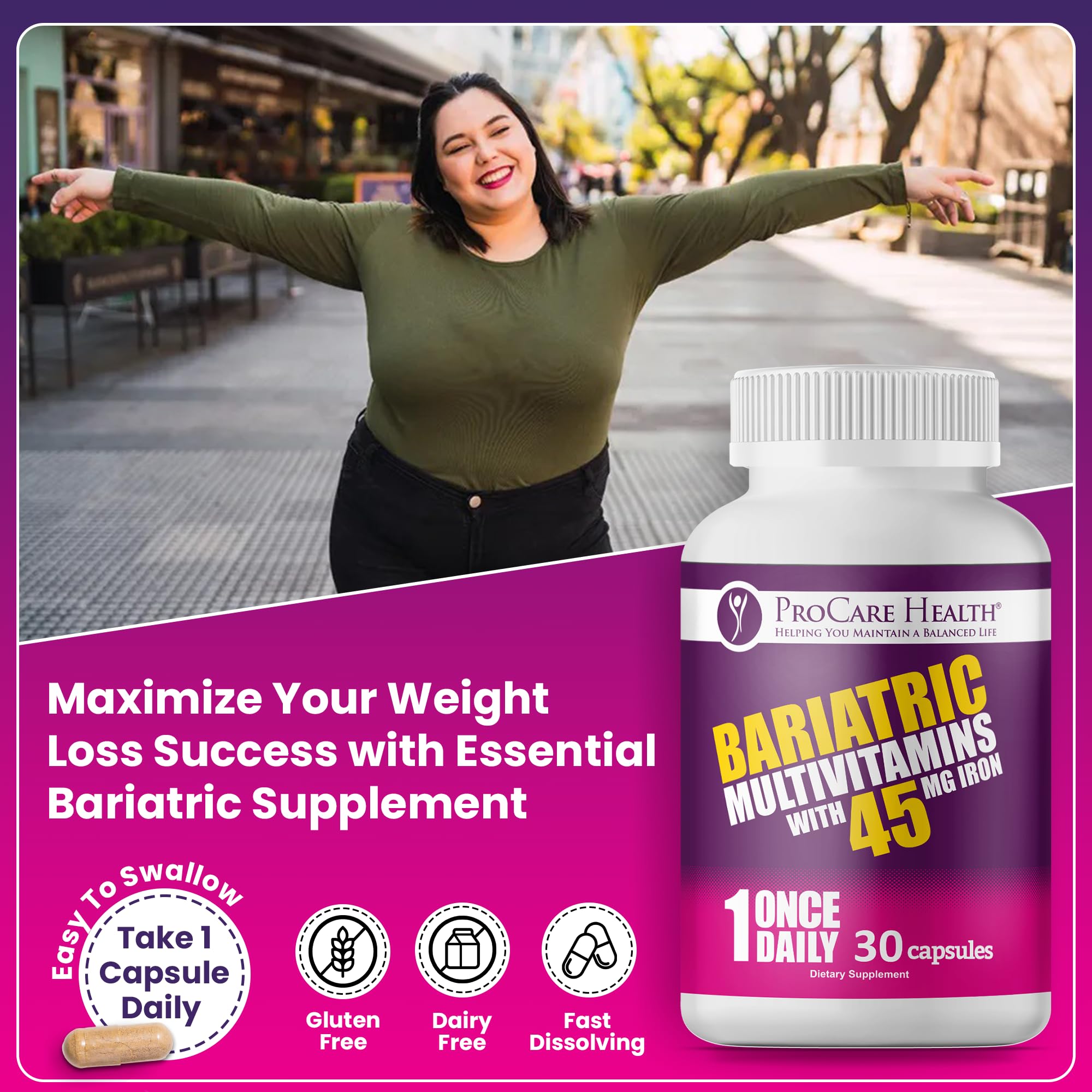 ProCare Health Bariatric Multivitamin ingredients panel closeup highlights key nutrients.