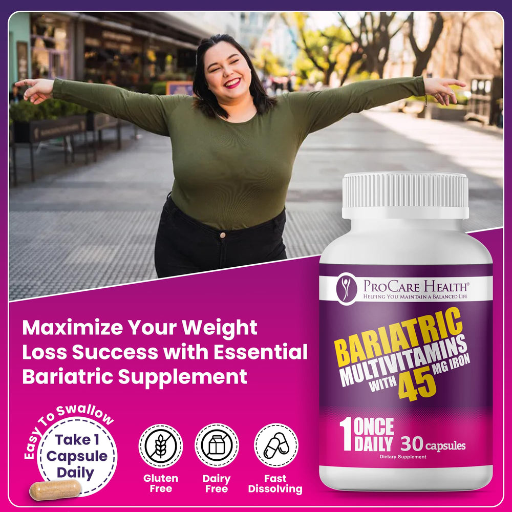 ProCare Health Bariatric Multivitamin ingredients panel closeup highlights key nutrients.
