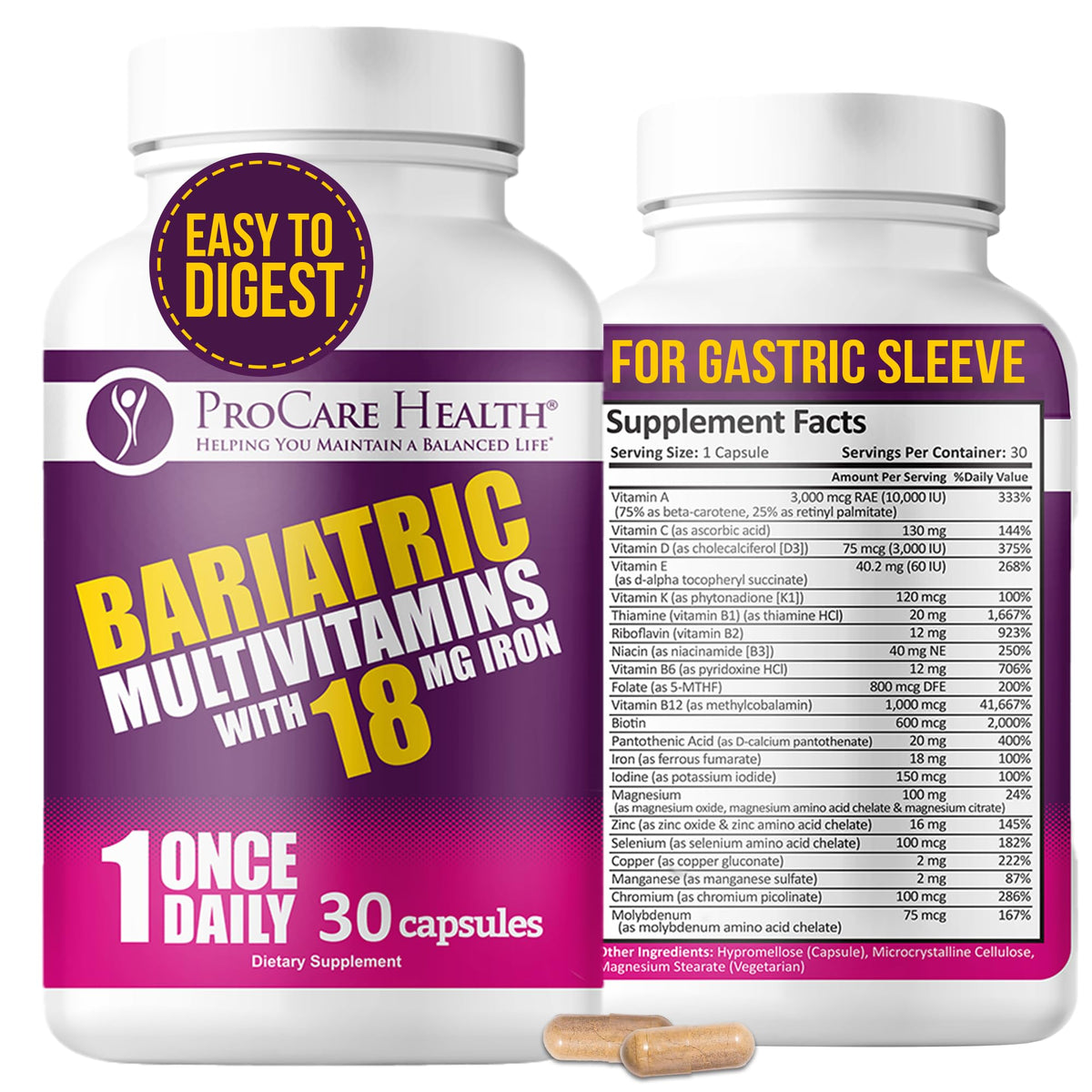 ProCare Health bariatric multivitamin bottle with iron 18 mg supports post-op nutrition.