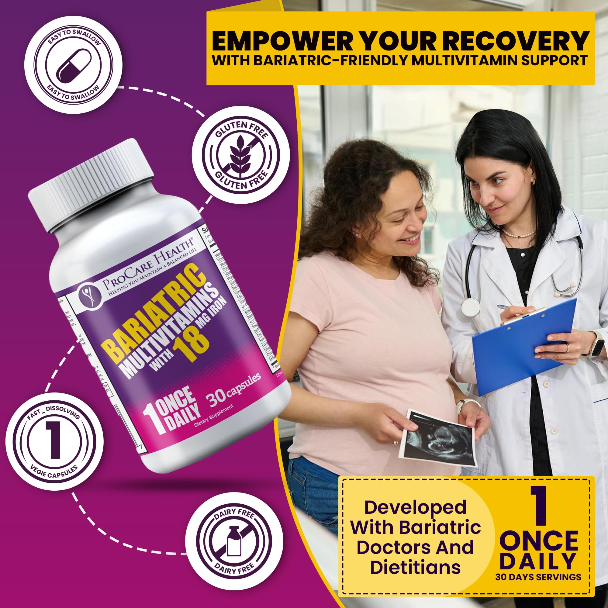 Nutrition label on ProCare Health bariatric multivitamin highlights essential vitamins and minerals.