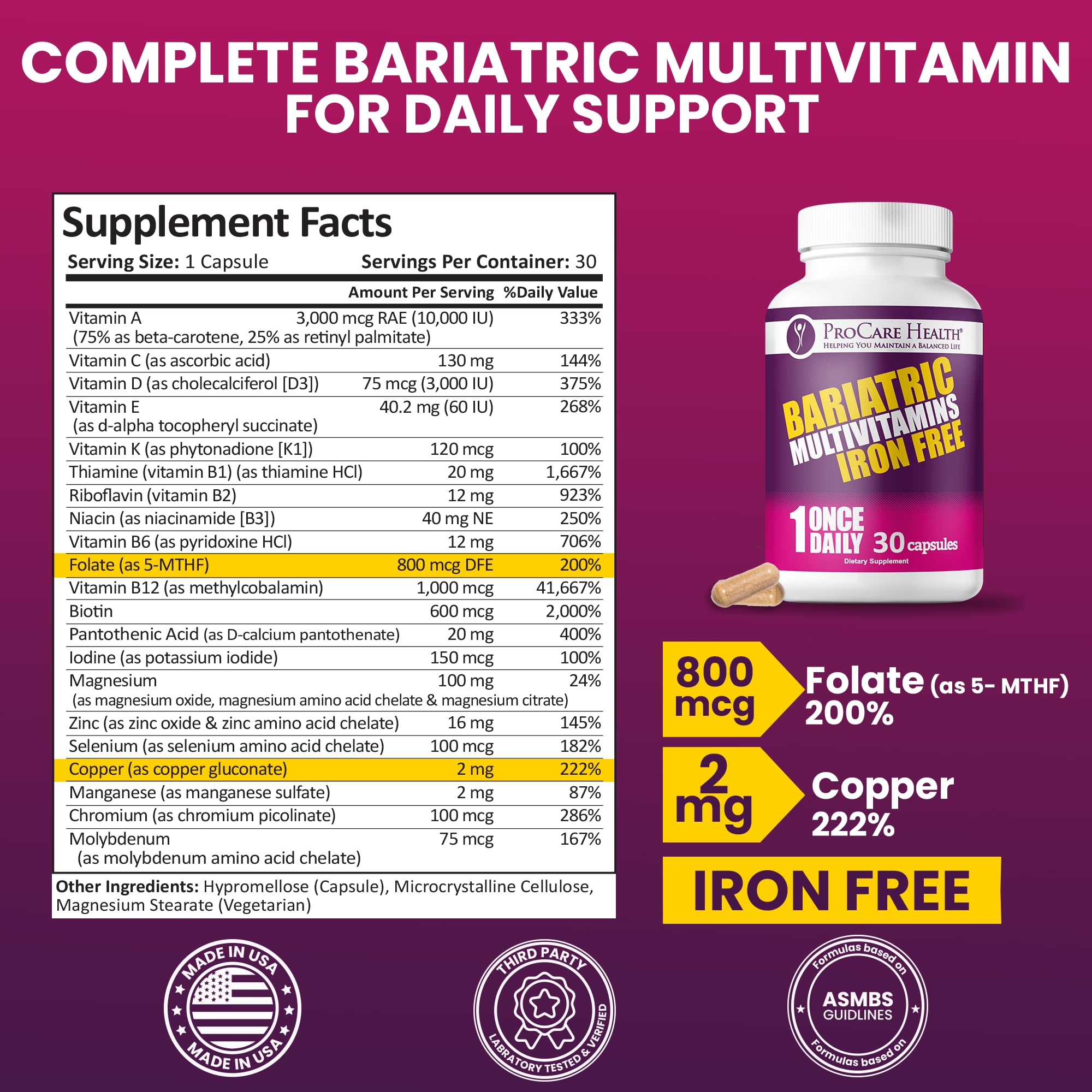 Close-up of ProCare Health iron-free capsules for easy post-surgery digestion.