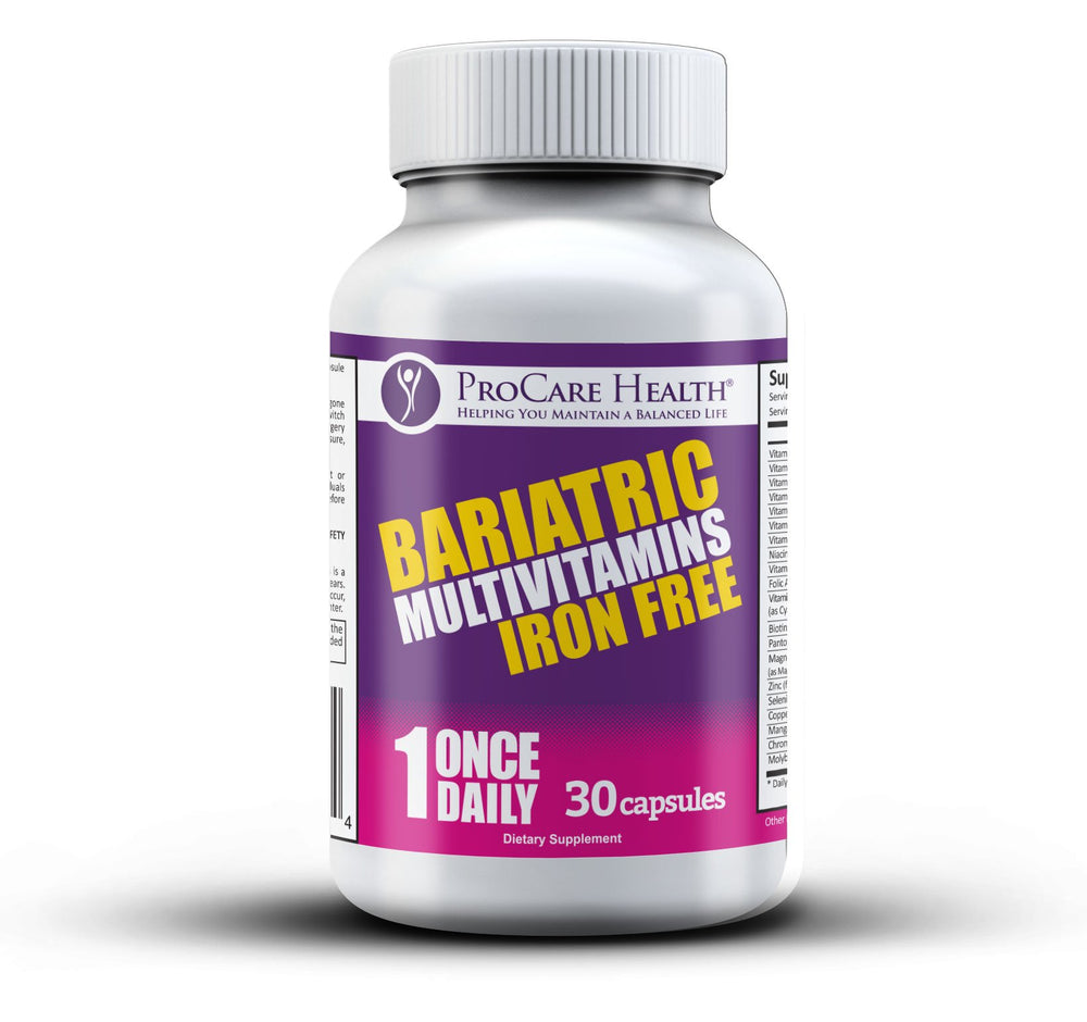 Infographic-style illustration presents iron-free vitamins and daily nutrition for bariatric needs.