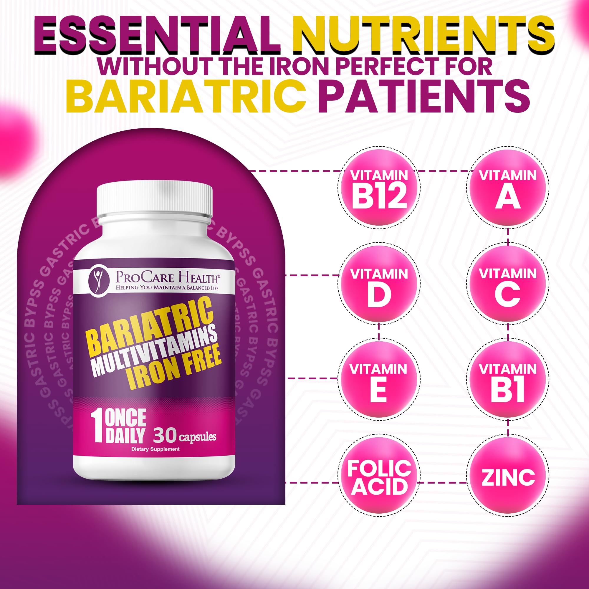 Label detail highlights iron-free formula and essential vitamins inside.