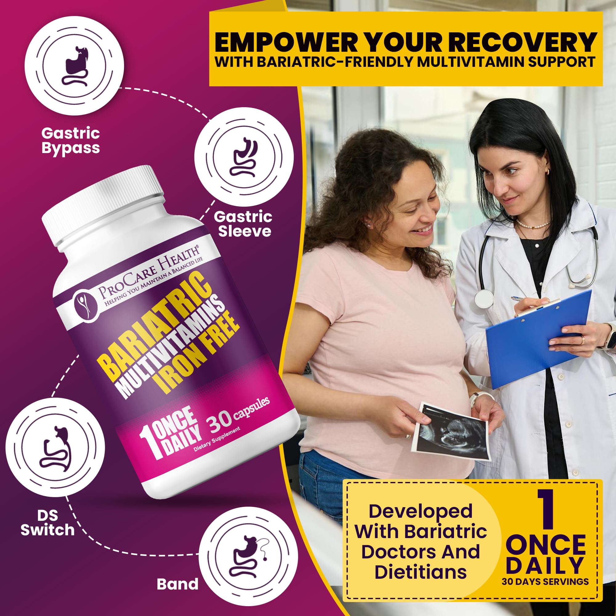 ProCare Health packaging box showcases the iron-free formulation and nutrients.