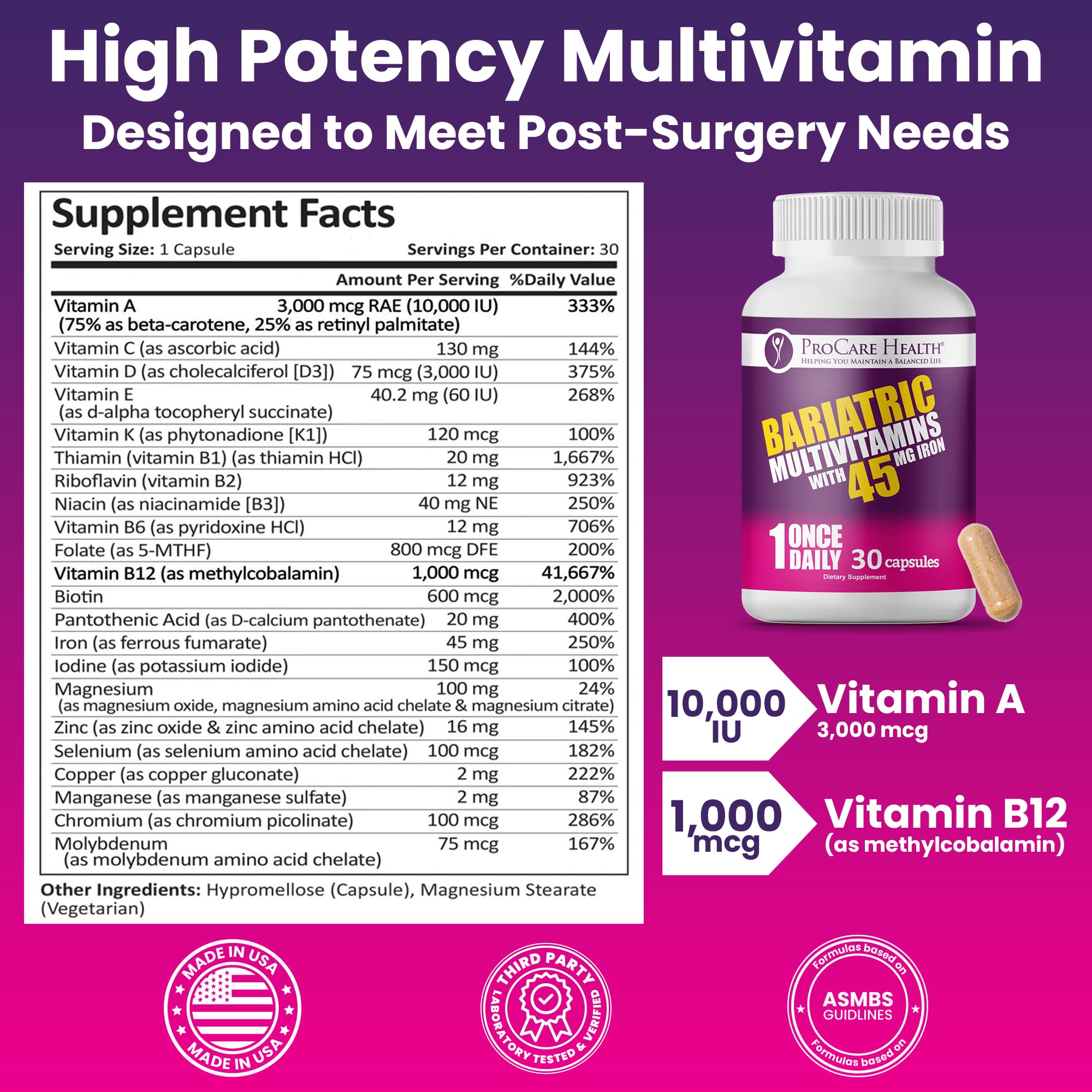 ProCare Health Bariatric Multivitamin nutrition facts label emphasizes complete nutrient support.
