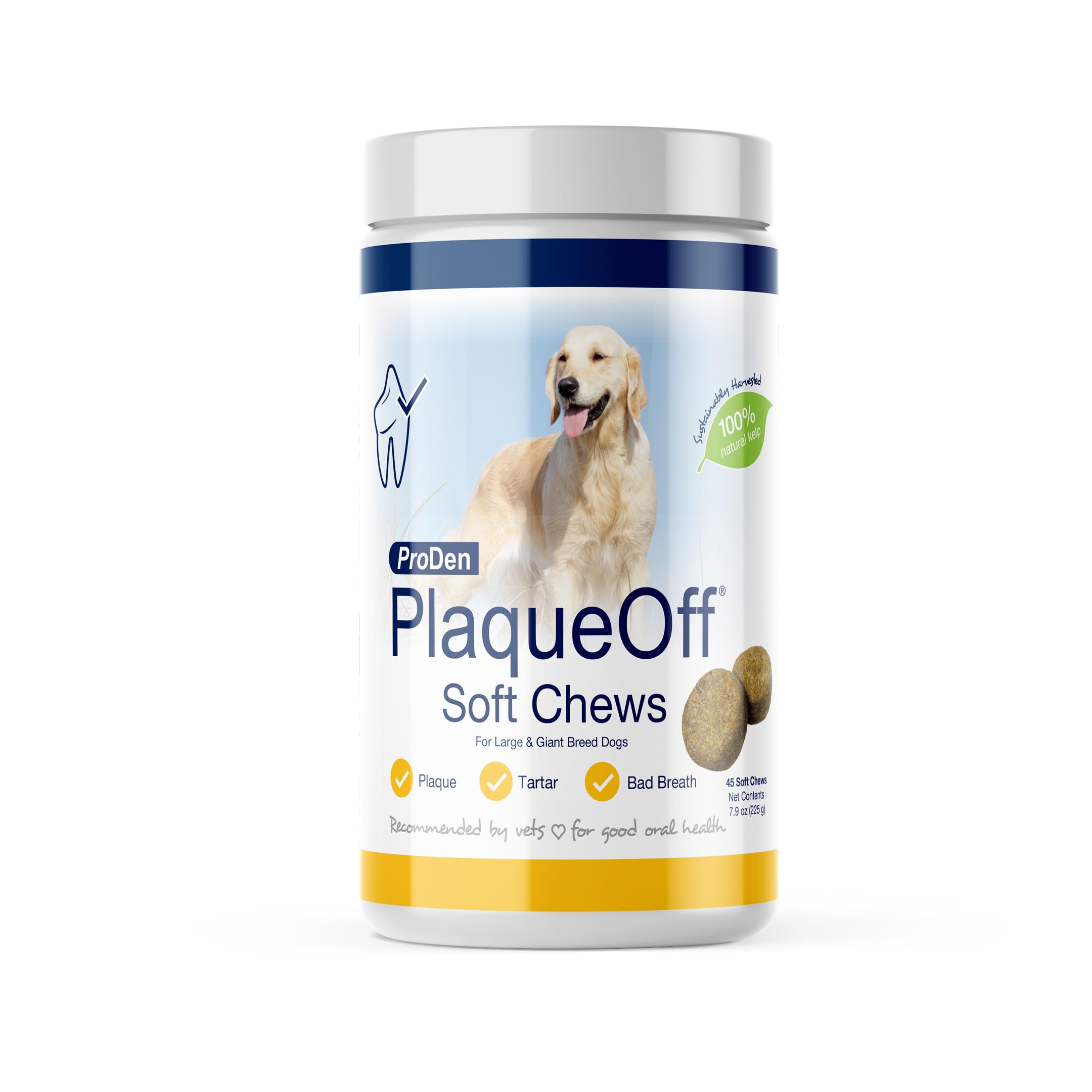 ProDen PlaqueOff Soft Chews kelp bottle supports at-home dental care.