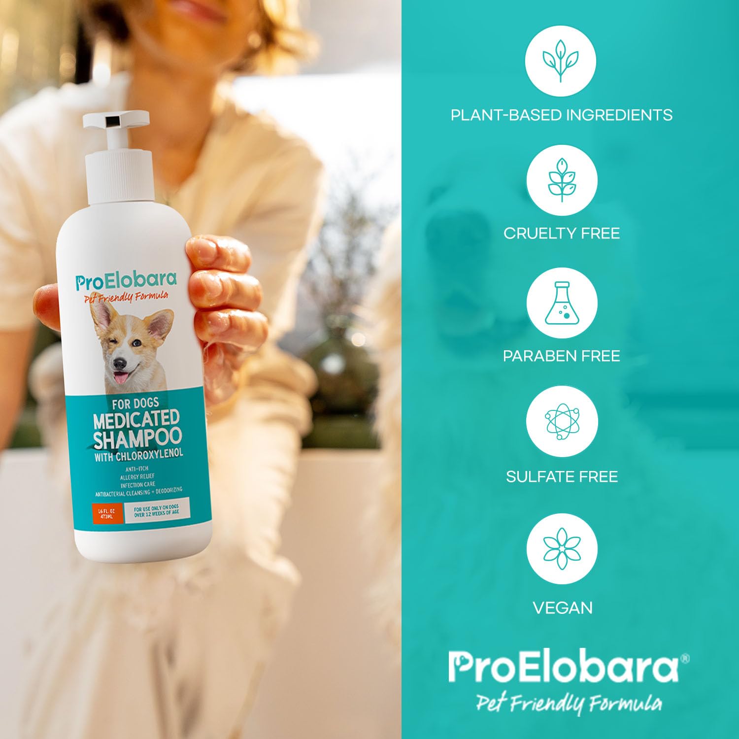 ProElobara deodorizing formula close-up highlights fresh coat and odor control.