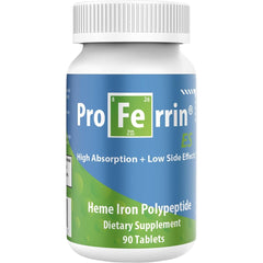 Proferrin ES bottle front view with tablets for easy daily iron support.