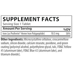 Proferrin ES tablets close-up showing heme iron polypeptide for absorption.