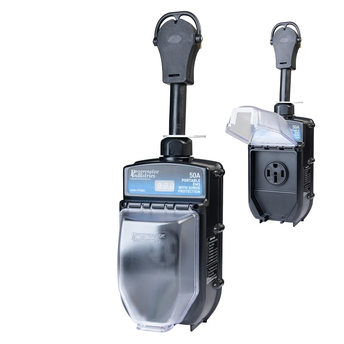 Progressive Industries EMS-PT50X front view, rugged outdoor RV surge protector for reliable power safety.