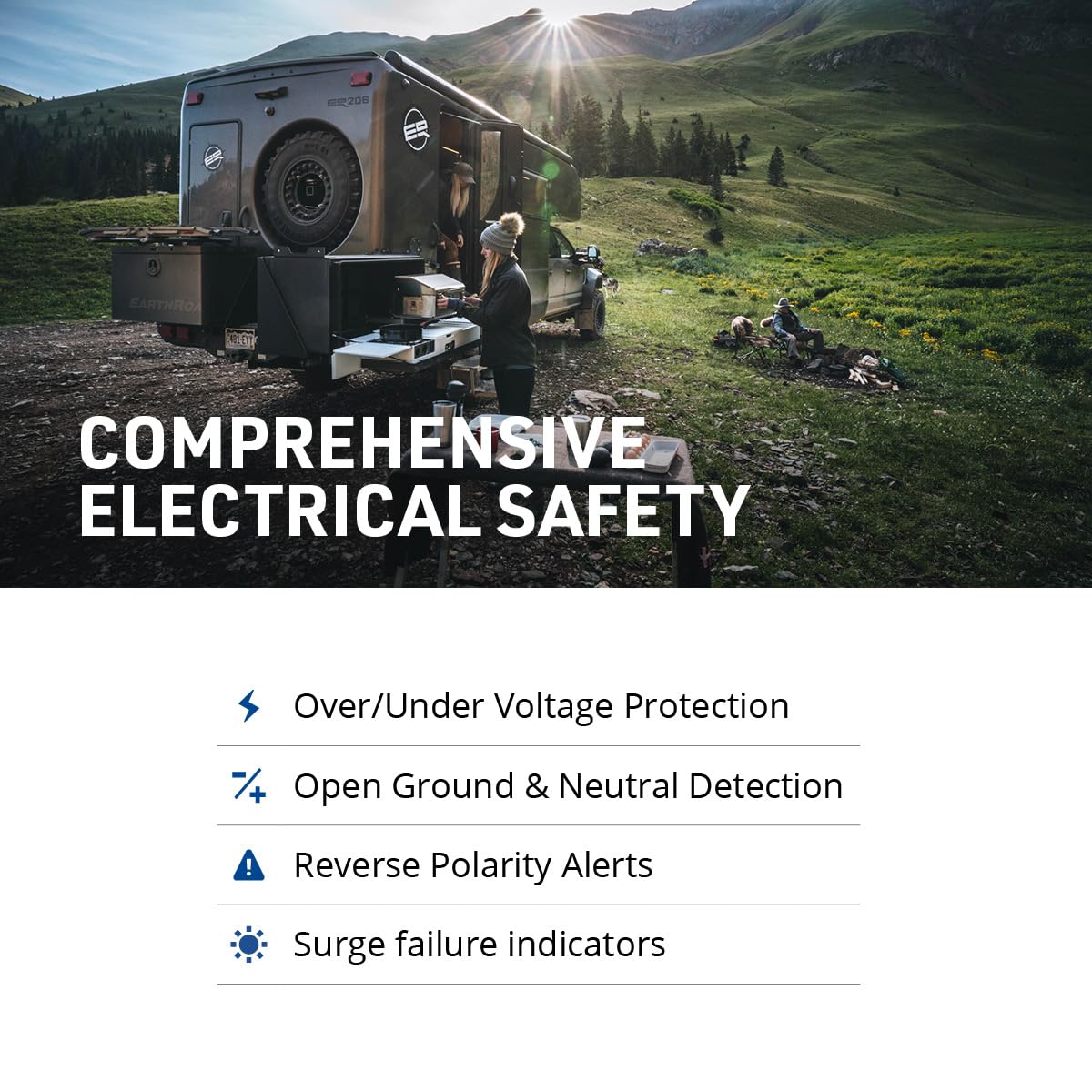 Portable plug-and-play design with locking bracket for secure RV power protection on the road.