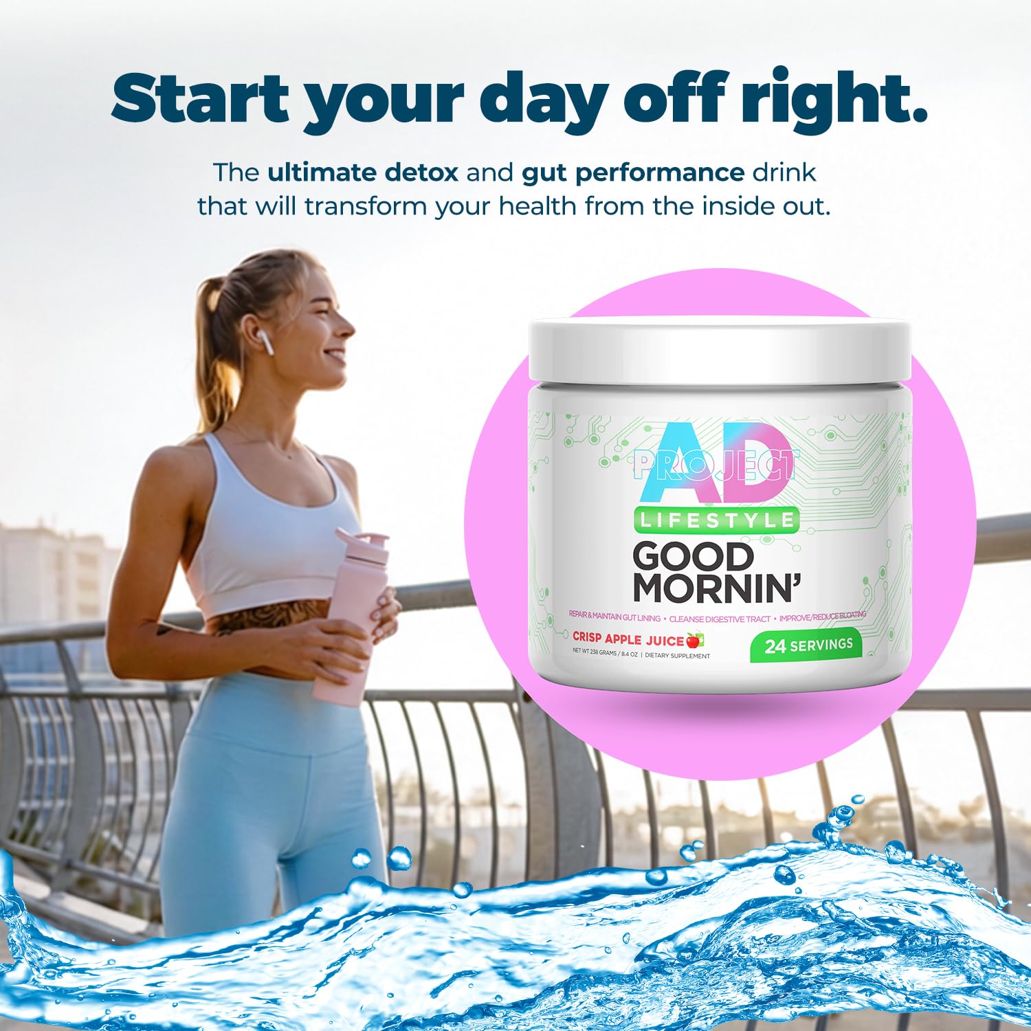 PROJECT AD Life Good Morning ingredients, including L-glutamine, apple cider vinegar, aloe vera
