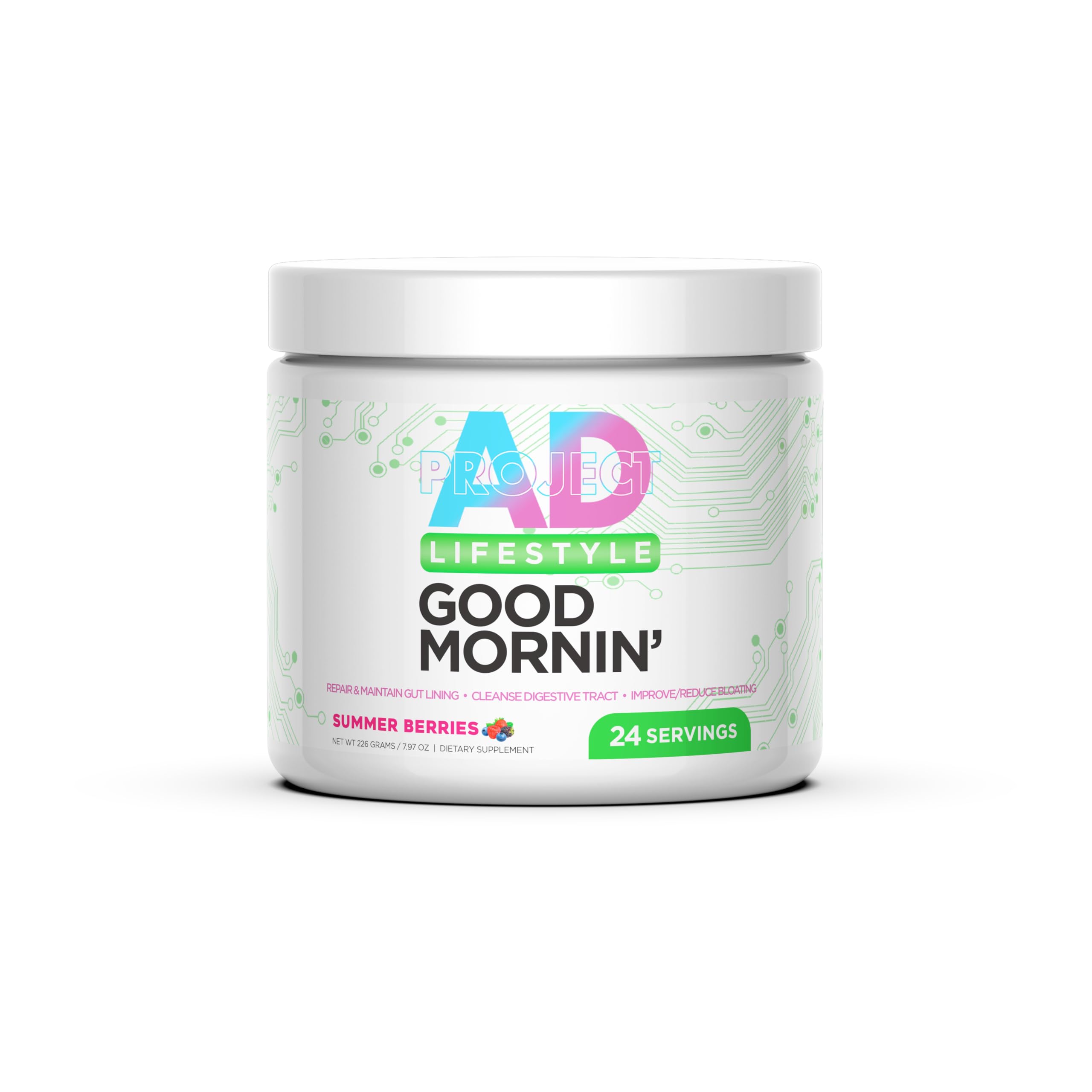 PROJECT AD Life Good Morning powder with scoop for a refreshing morning detox