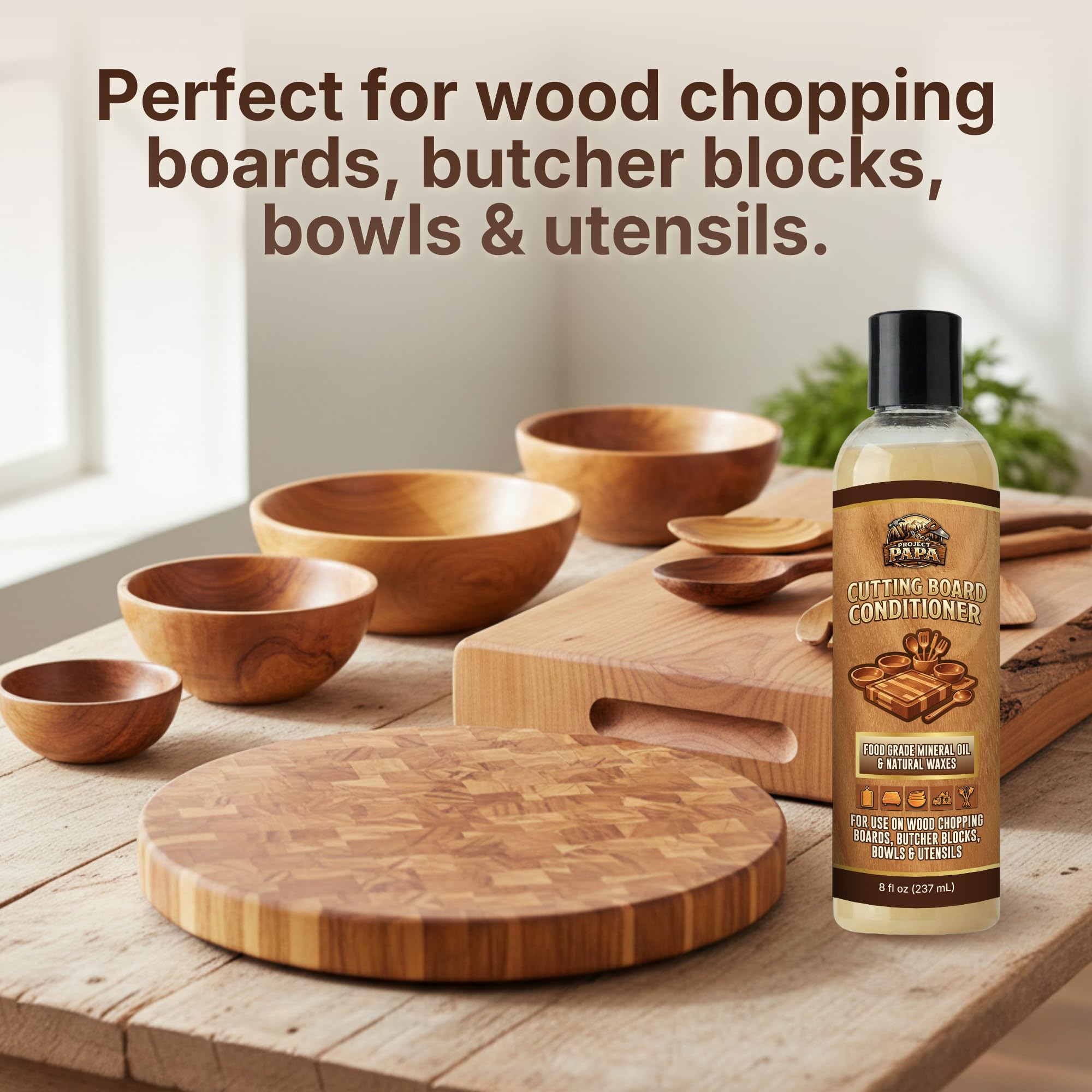 Rubbing Project Papa Conditioner into dry cutting board to reduce cracking.