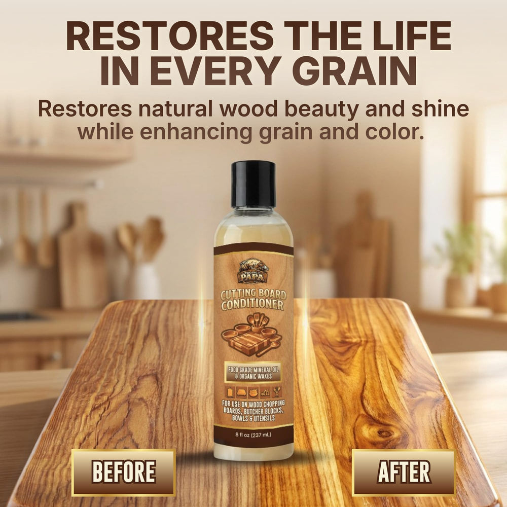 Project Papa Cutting Board Conditioner ingredients: mineral oil and beeswax nourish wood.