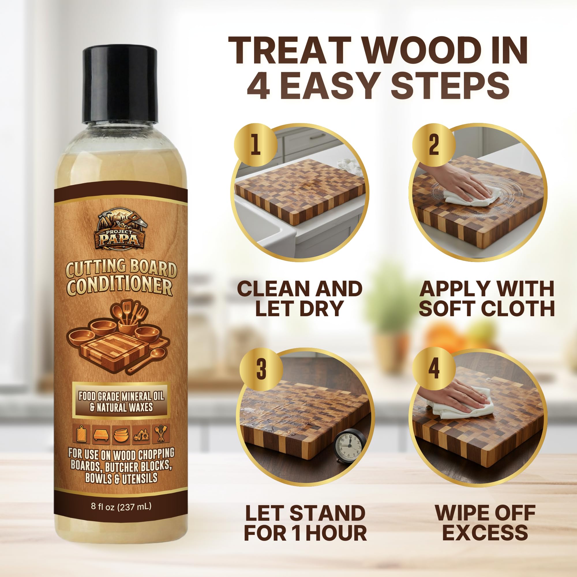 Project Papa Conditioner on bamboo utensils delivering a smooth finish.