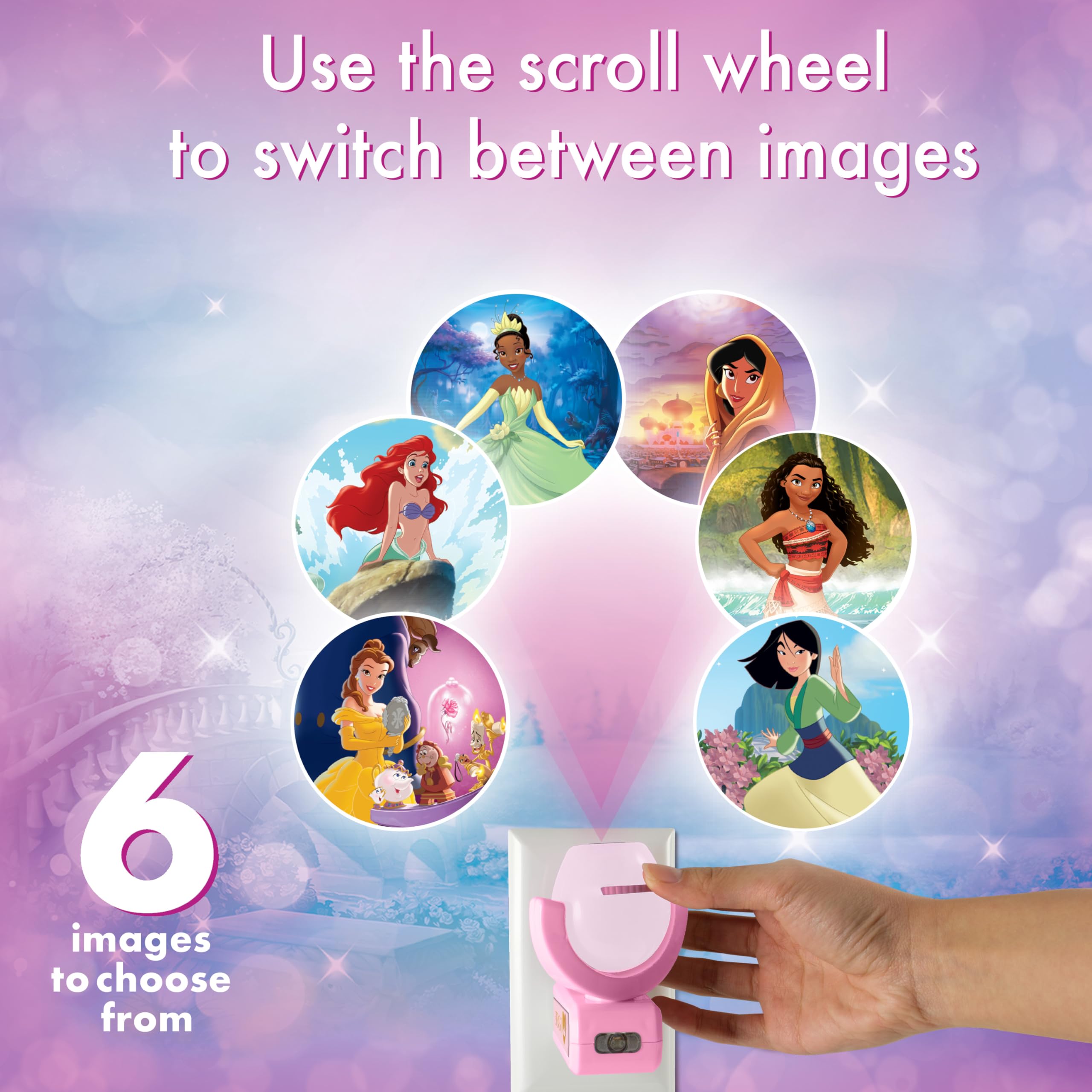 Projectables Disney Princess Night Light displays six princess images, including Belle and Moana.