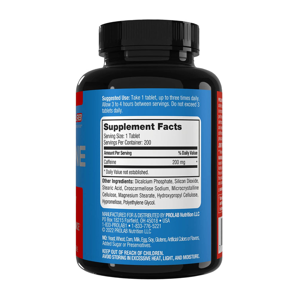 ProLab Caffeine Tablets 200mg energy on a desk for focus.