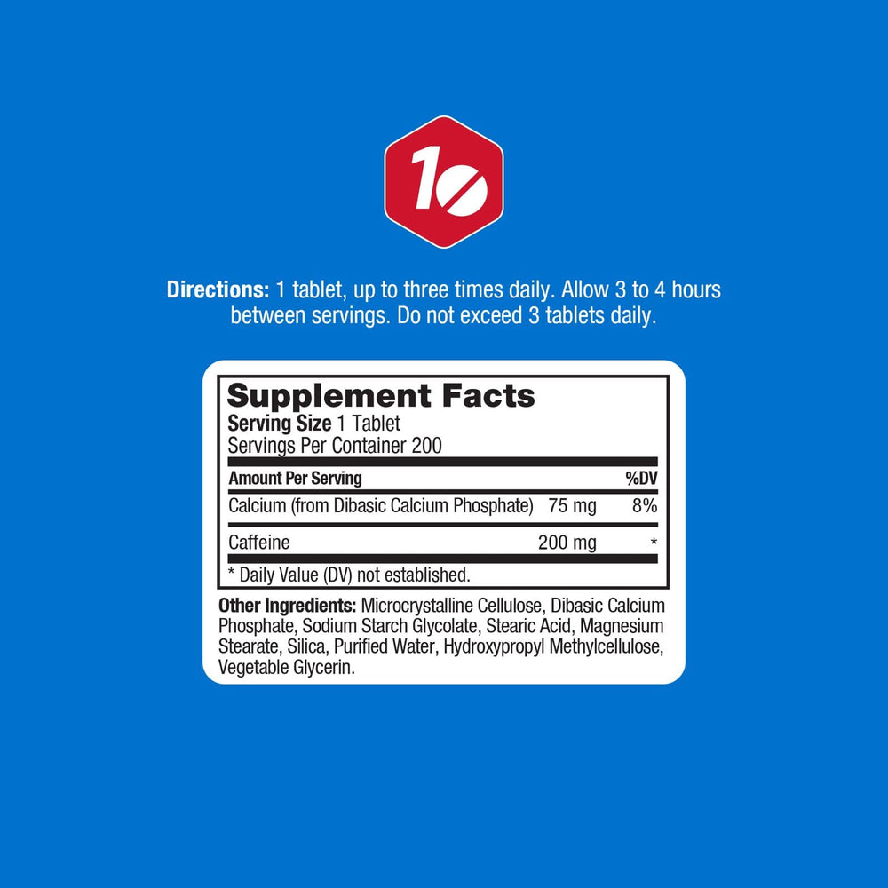 ProLab Caffeine Tablets 200mg label close-up showing caffeine content.