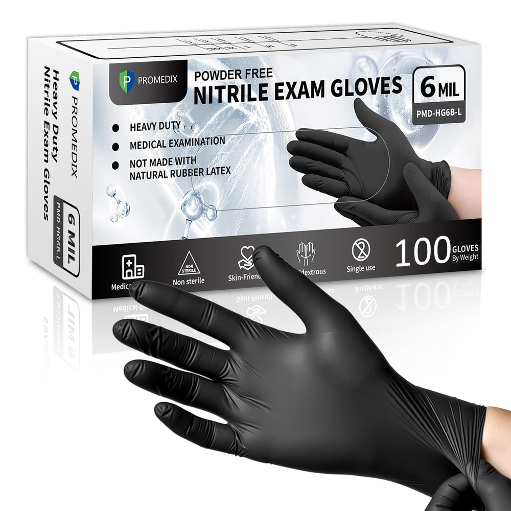 PROMEDIX P black nitrile gloves box shown for quick, hygienic access.