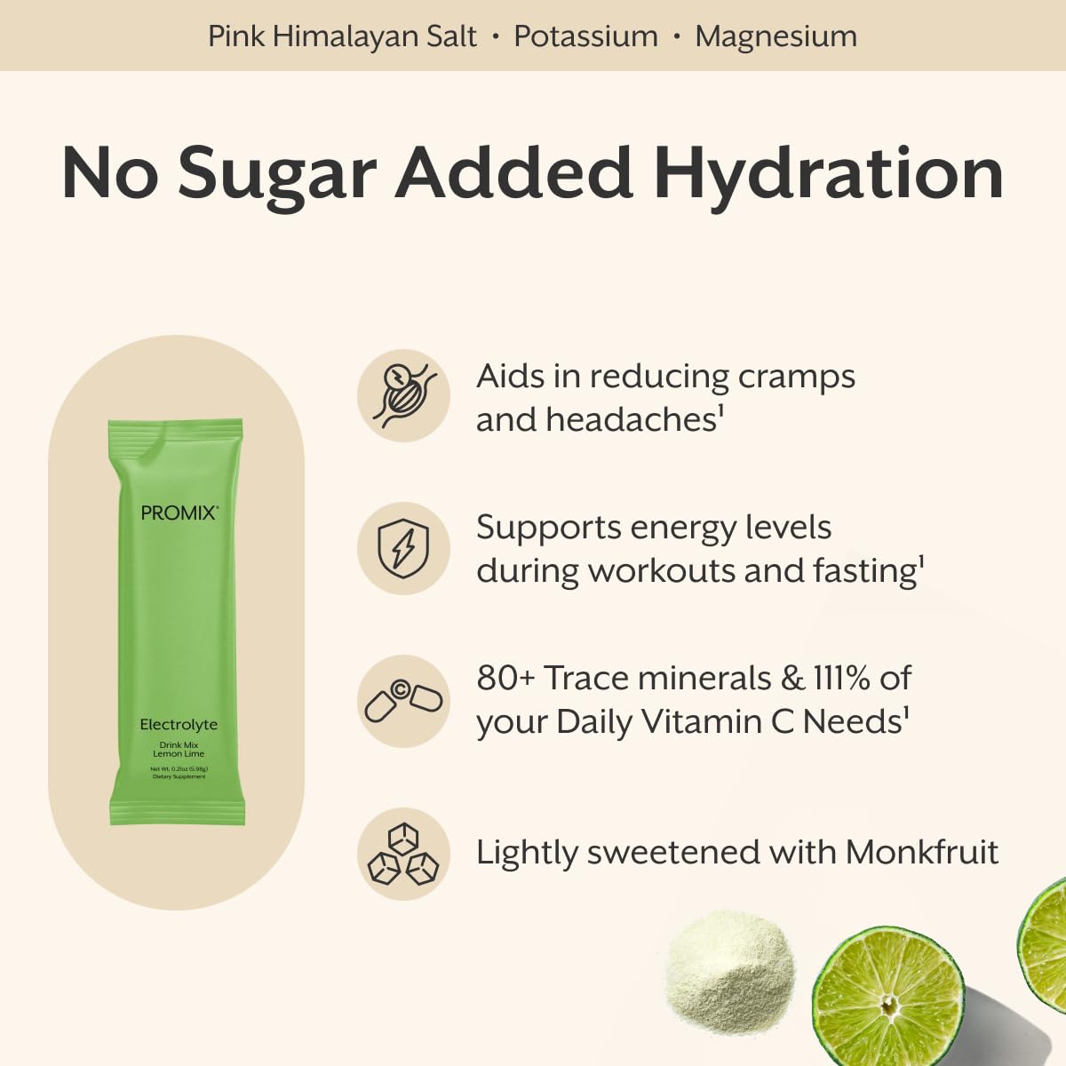Promix Nutrition Electrolytes Lemon Lime stick pack back view with nutrition highlights