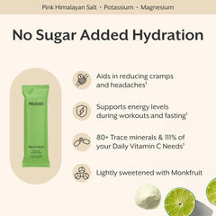 Promix Nutrition Electrolytes Lemon Lime stick pack back view with nutrition highlights