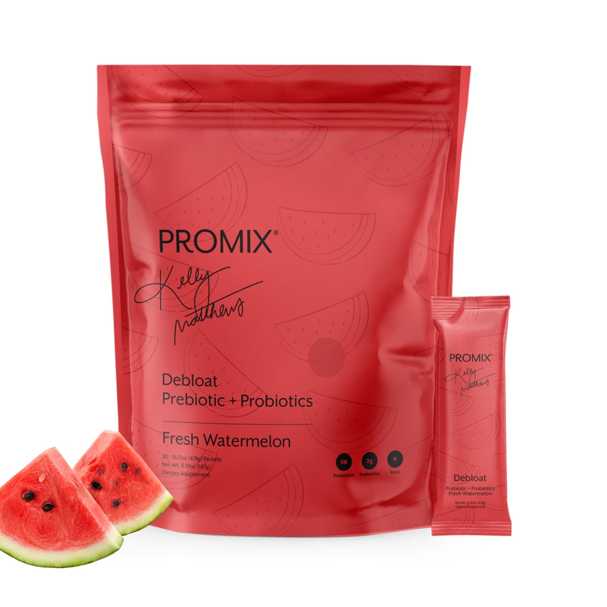 ProMix Nutrition Debloat bottle front shows watermelon flavor and serving details for daily use.
