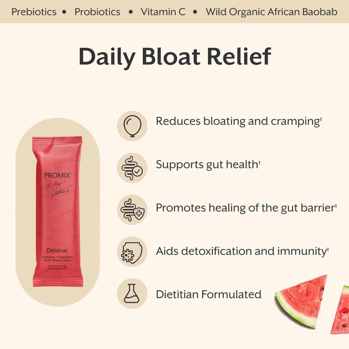ProMix Nutrition Debloat bottle label highlights ingredients and probiotic strains for gut-friendly support.