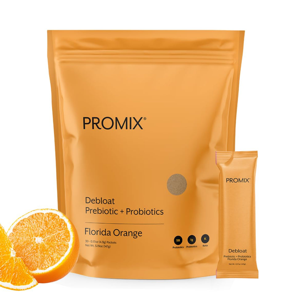 Promix Nutrition Debloat bottle shows gut-friendly support for bloating relief.