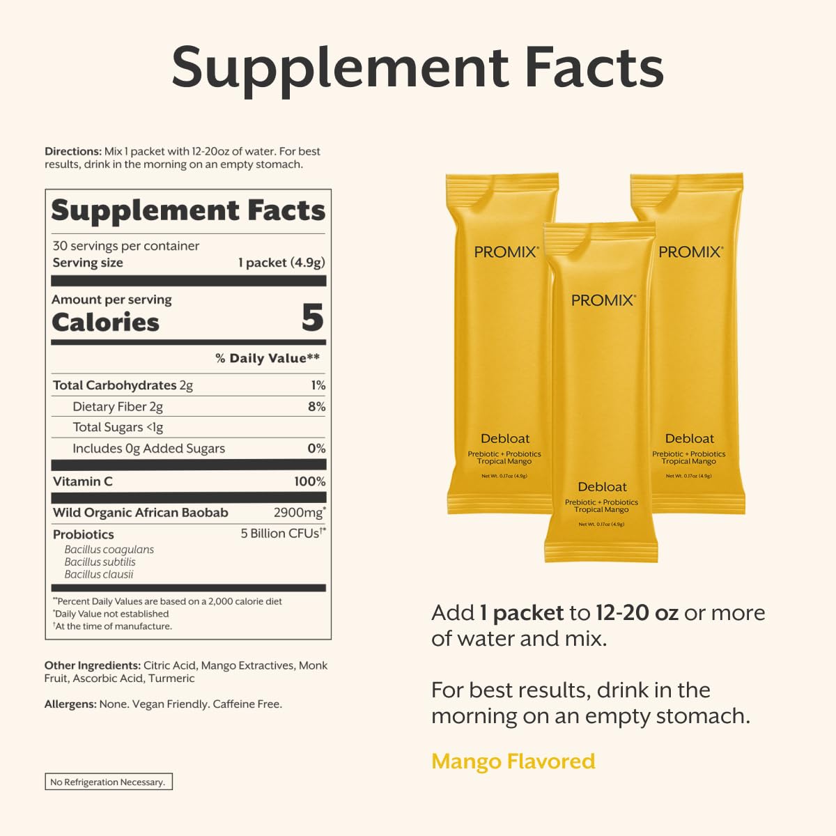 Promix Nutrition Debloat label shows gluten-free and GMO-free features.
