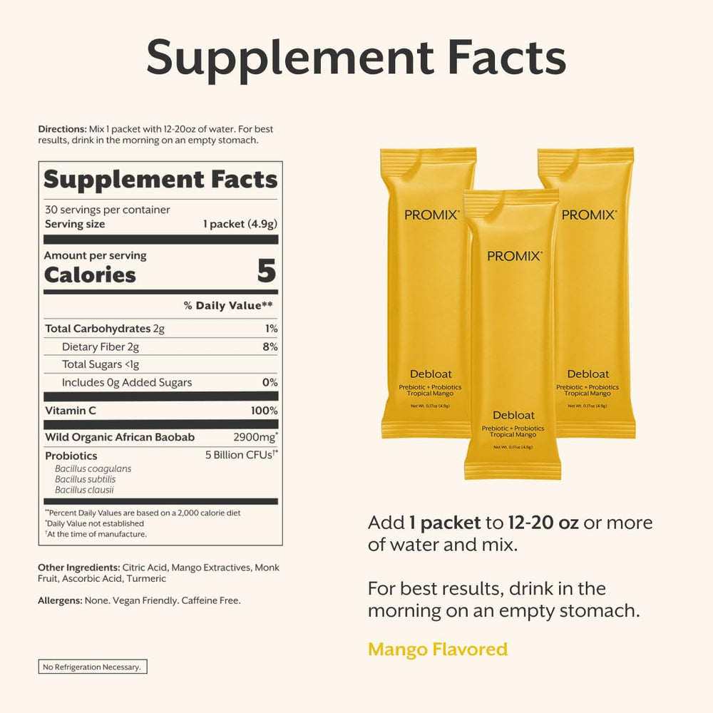 Promix Nutrition Debloat label shows gluten-free and GMO-free features.