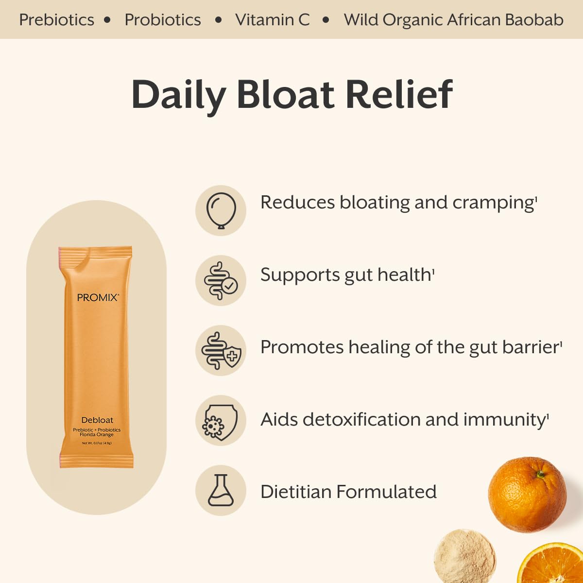 Promix Nutrition Debloat label highlights allergen-free, clean ingredients and safety standards.