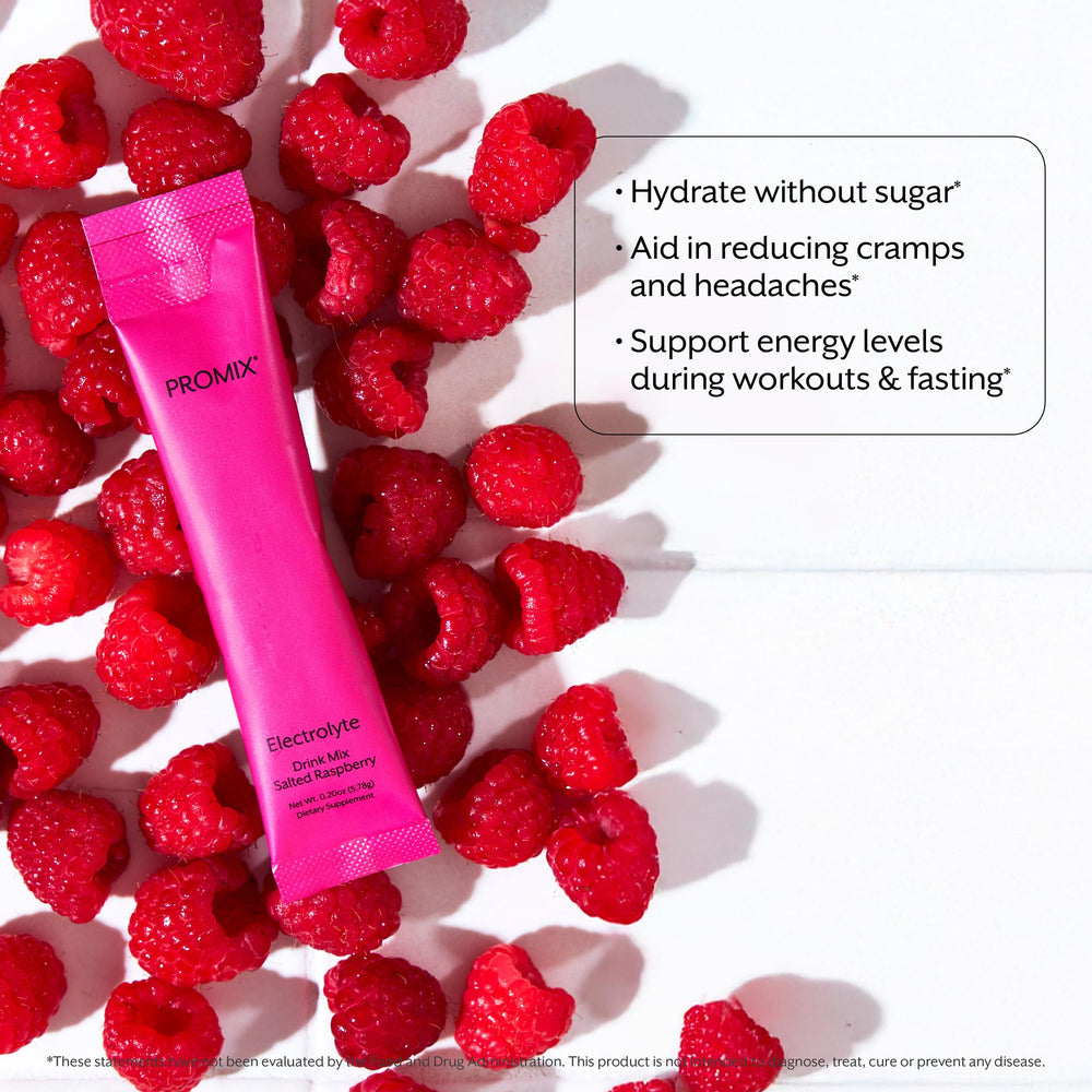 Close-up of Promix Raspberry ingredients with Himalayan salt and minerals
