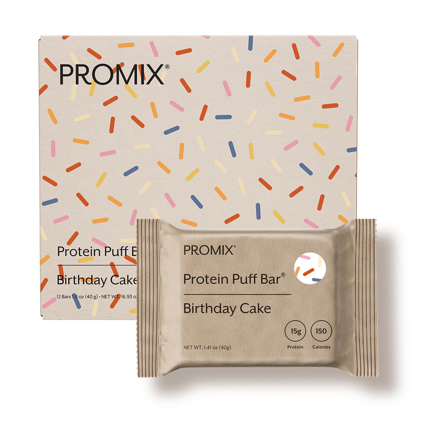 Promix Nutrition Protein Puff Bars Birthday Cake box on a clean surface; gluten-free, high-protein snack.
