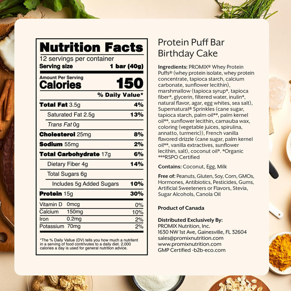 Promix Protein Puff Bars Birthday Cake packaging close-up with gluten-free, high-protein notes.