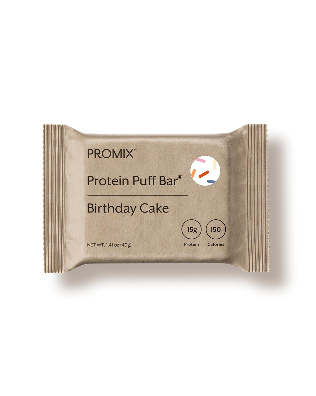 Promix Protein Puff Bars Birthday Cake wrapper, ideal for on-the-go snacking.