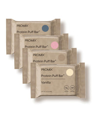 ProMix Nutrition Protein Puff Bars Variety Pack box shows all flavors for easy snacking