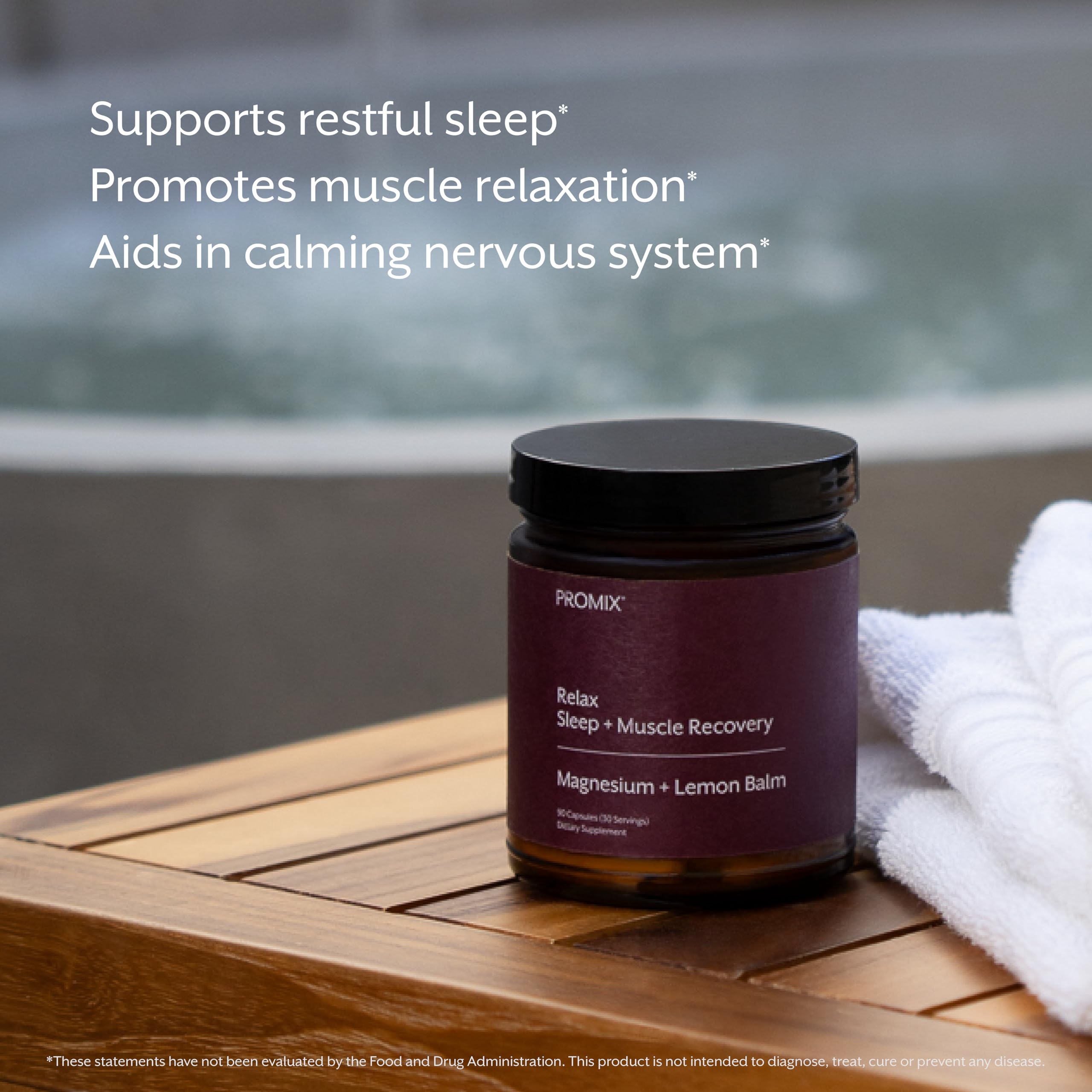 Promix Nutrition Relax bottle front view showcasing capsule count and clean formula.