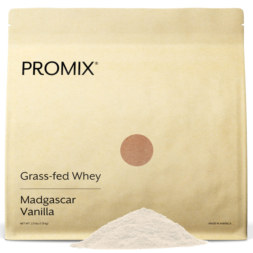 ProMix Nutrition vanilla whey powder bottle showing grass-fed protein for post-workout shakes.