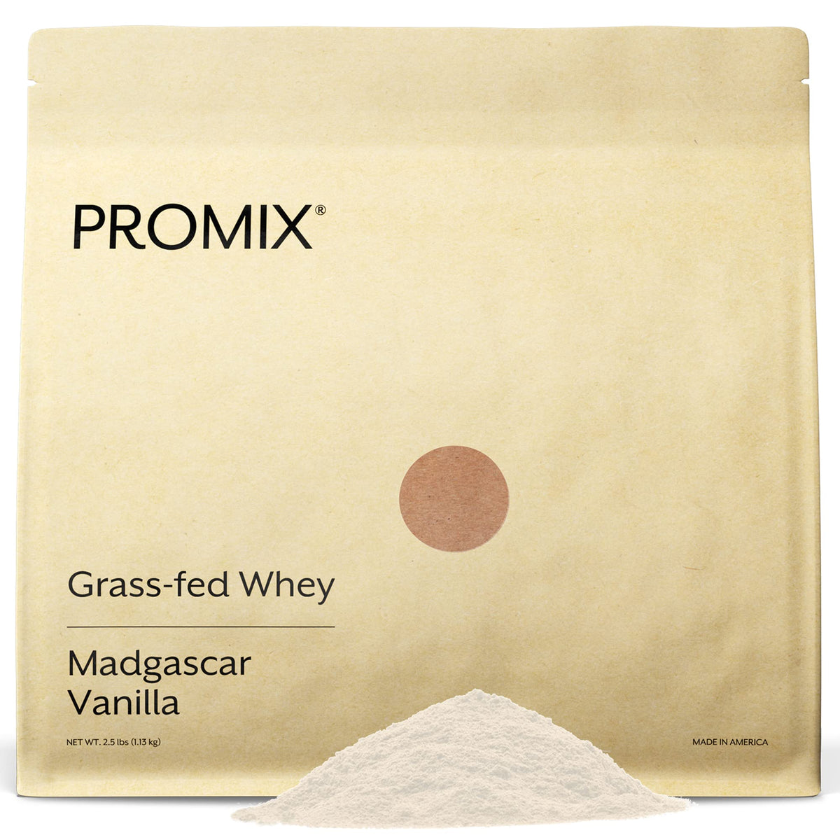 ProMix Nutrition vanilla whey powder bottle showing grass-fed protein for post-workout shakes.