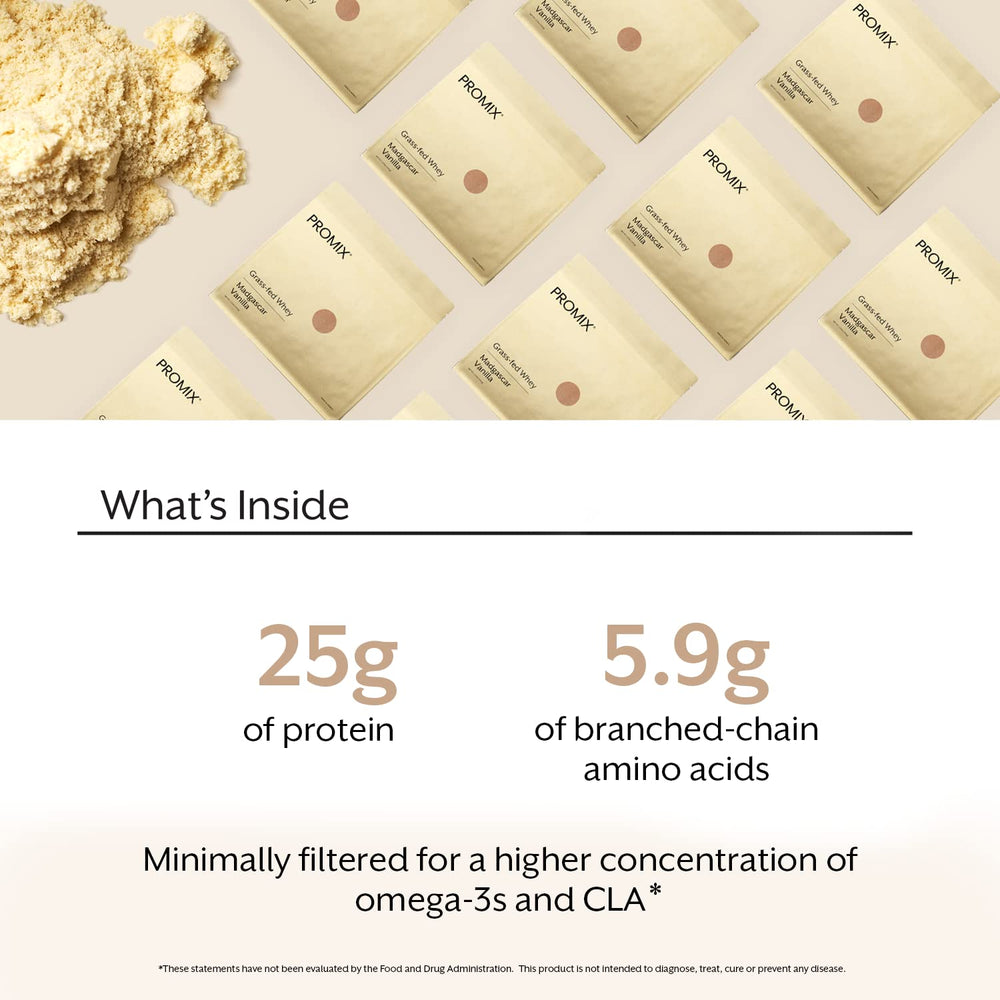 Glass mixing with ProMix vanilla whey powder for creamy shakes.
