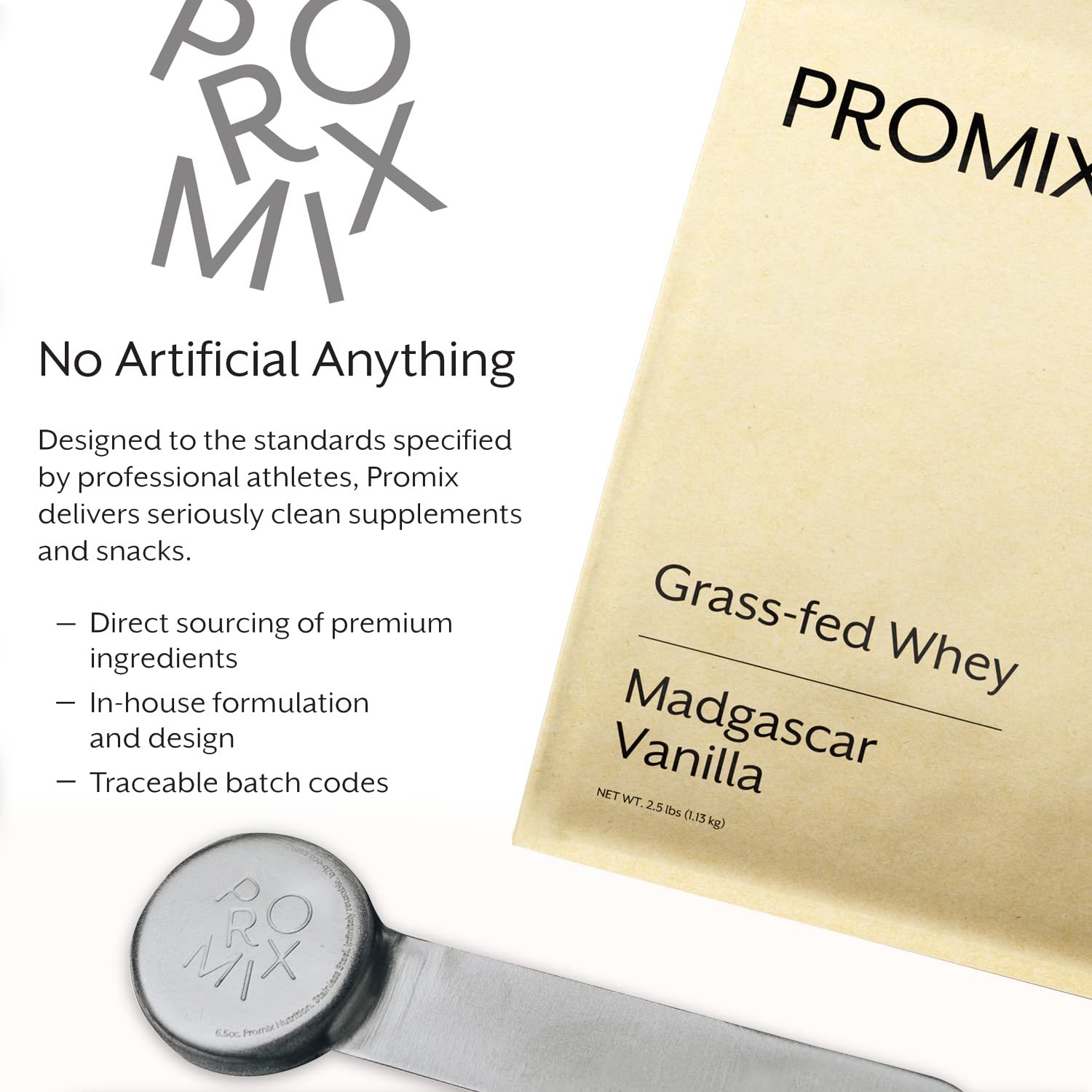 Ingredients list highlighting vanilla flavor and grass-fed protein source.