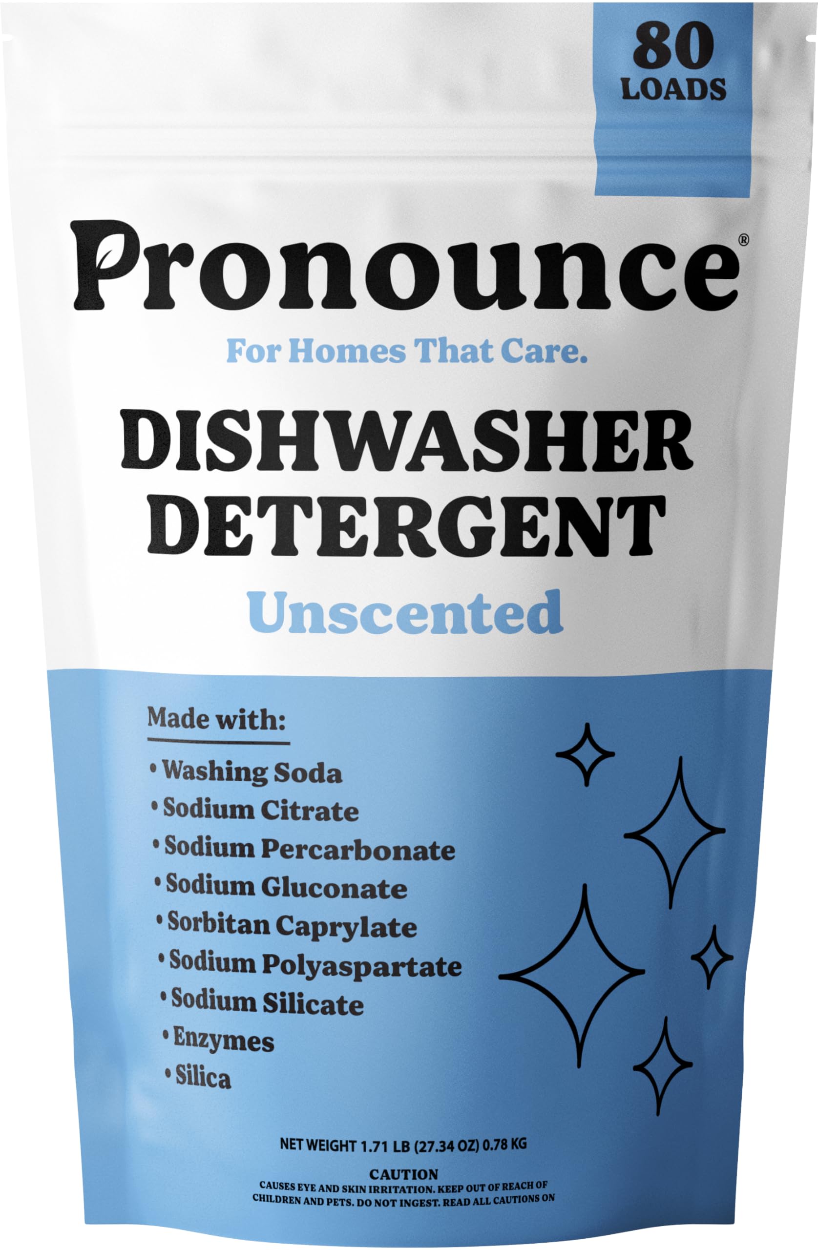 Pronounce dishwasher detergent powder packaging shown for efficient kitchen use.