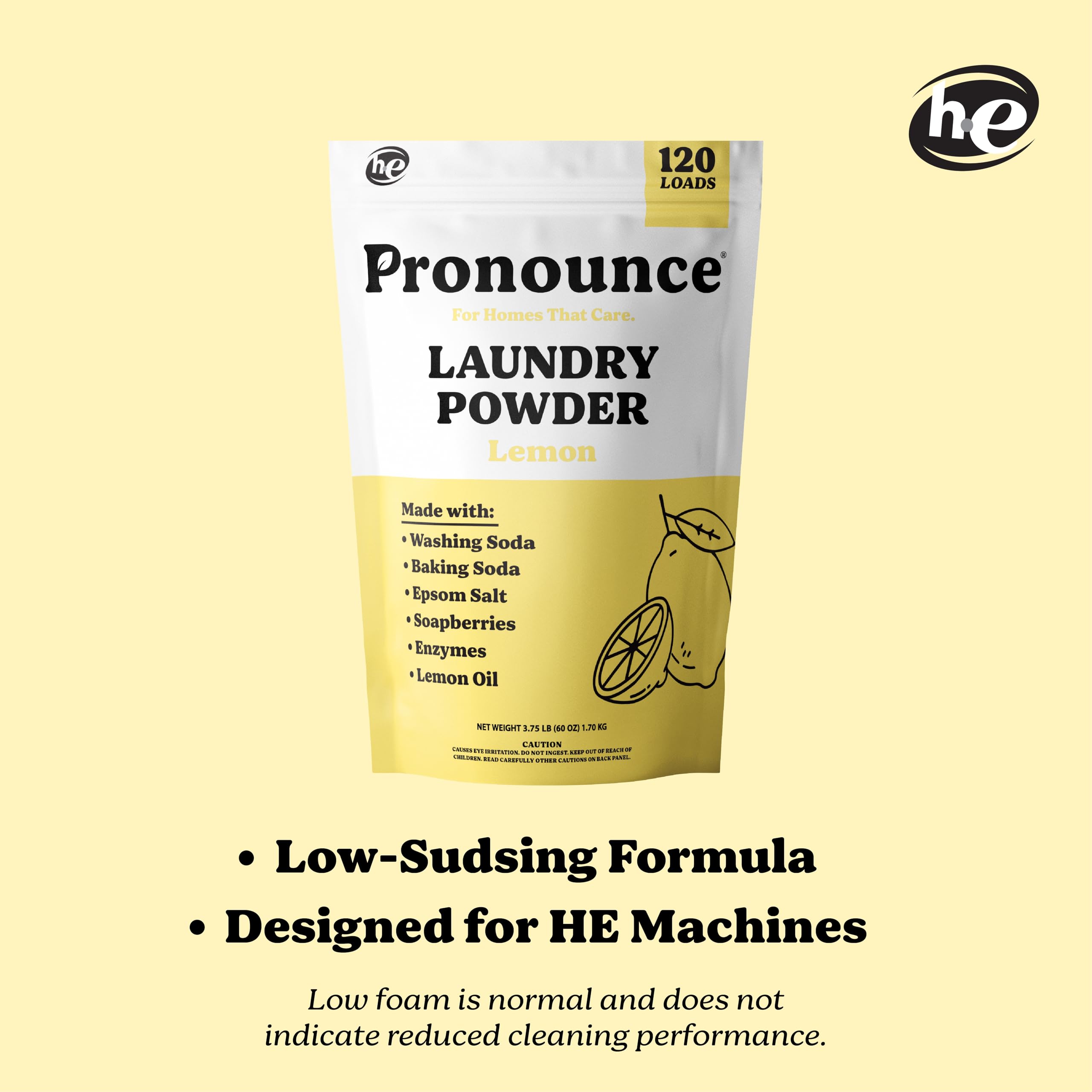 Pronounce Laundry Powder bottle closeup—low-suds, safer for sensitive skin with essential oils.