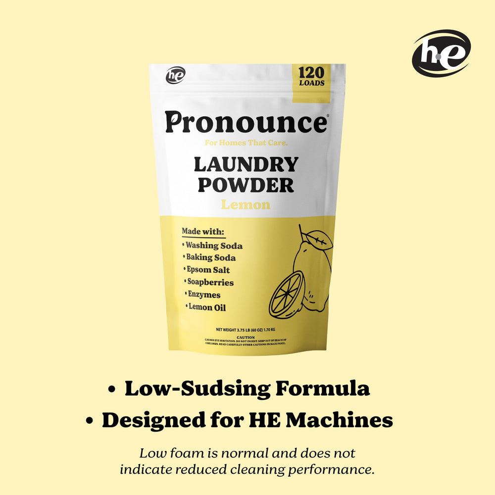 Pronounce Laundry Powder bottle closeup—low-suds, safer for sensitive skin with essential oils.